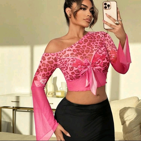 1pc Fitted Floral & Leopard Print One-Shoulder Blouse - Picture 3 of 4